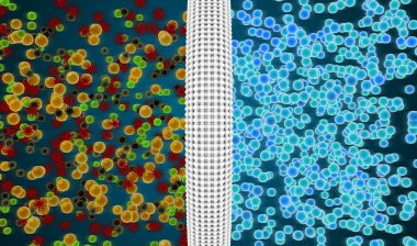 A diagram of germs passing through an air filter and coming out the other side as clean air - Molekule air purifiers