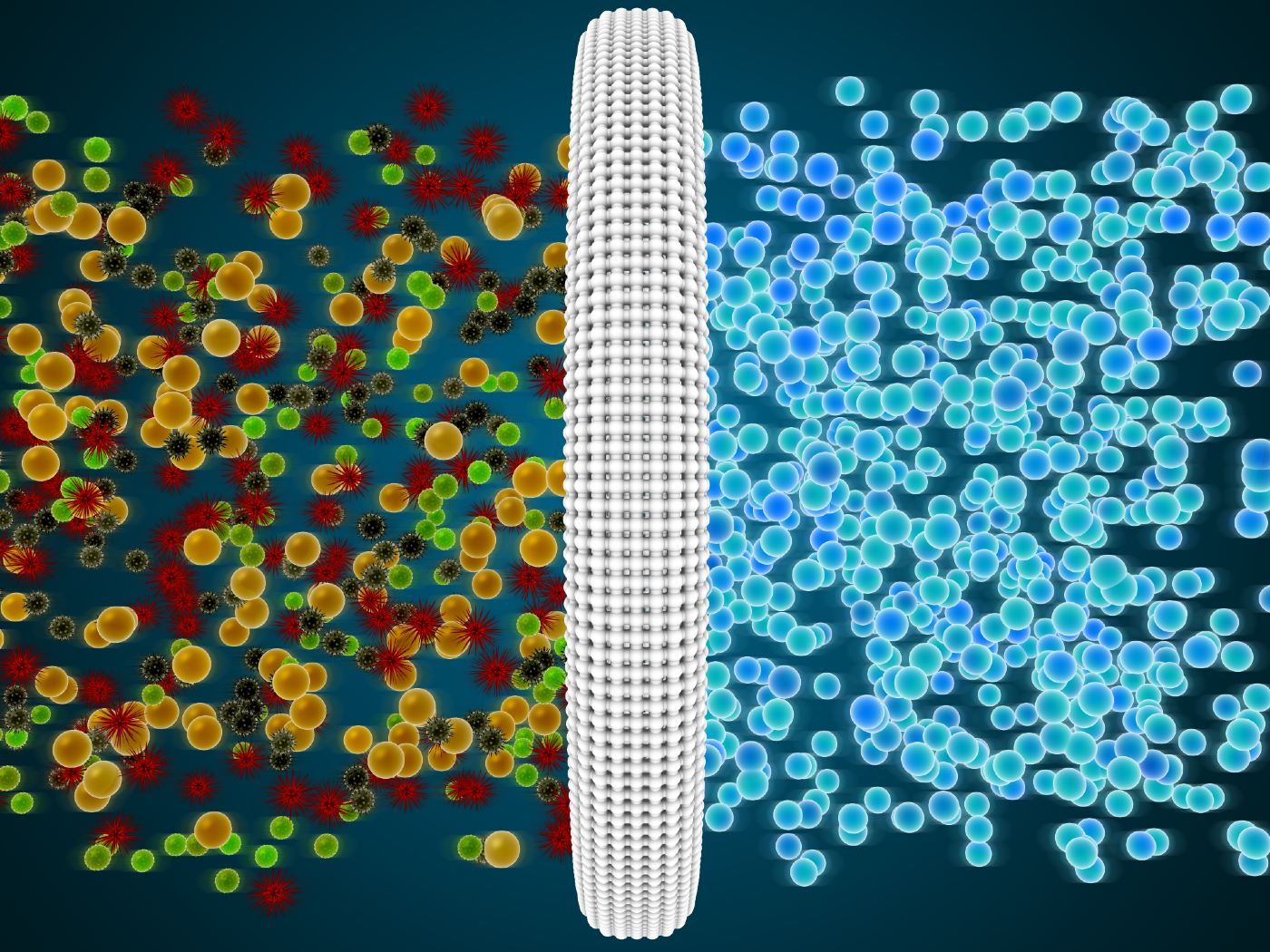 A diagram of germs passing through an air filter and coming out the other side as clean air - Molekule air purifiers
