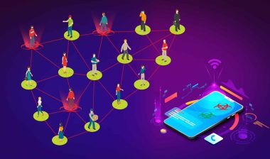 Graphic shows contact tracing with a mobile phone - COVID-19 pandemic