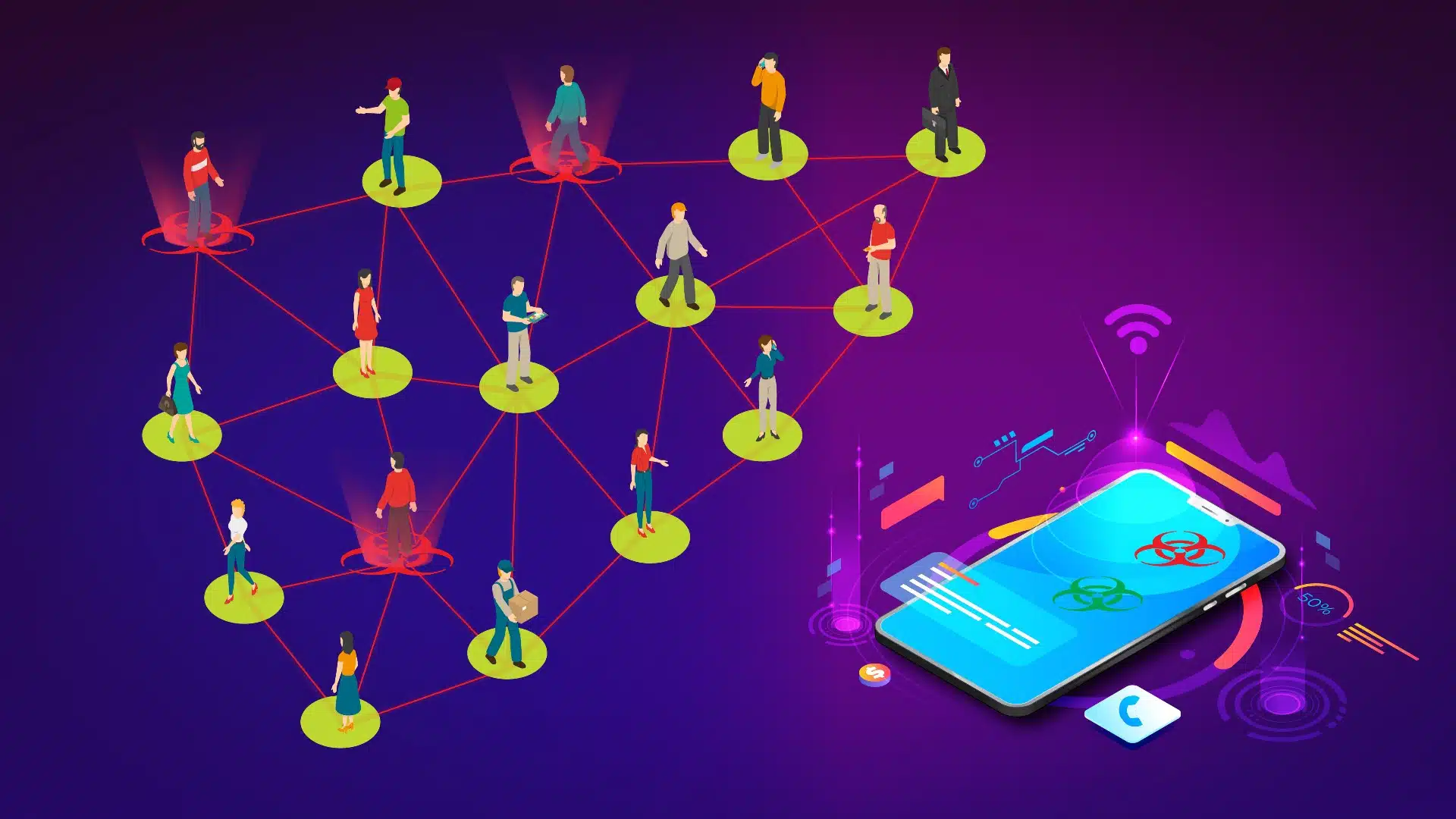 Graphic shows contact tracing with a mobile phone - COVID-19 pandemic