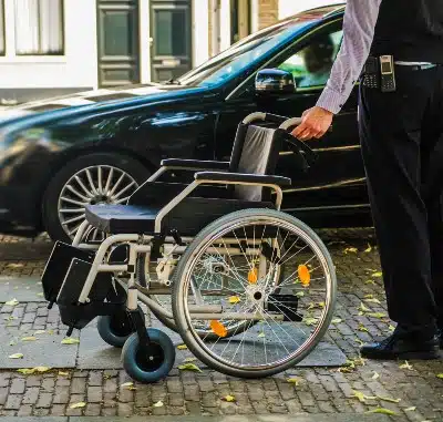 A man stands with a wheelchair while waiting on a car to pull up - Lyft wheelchair accessibility