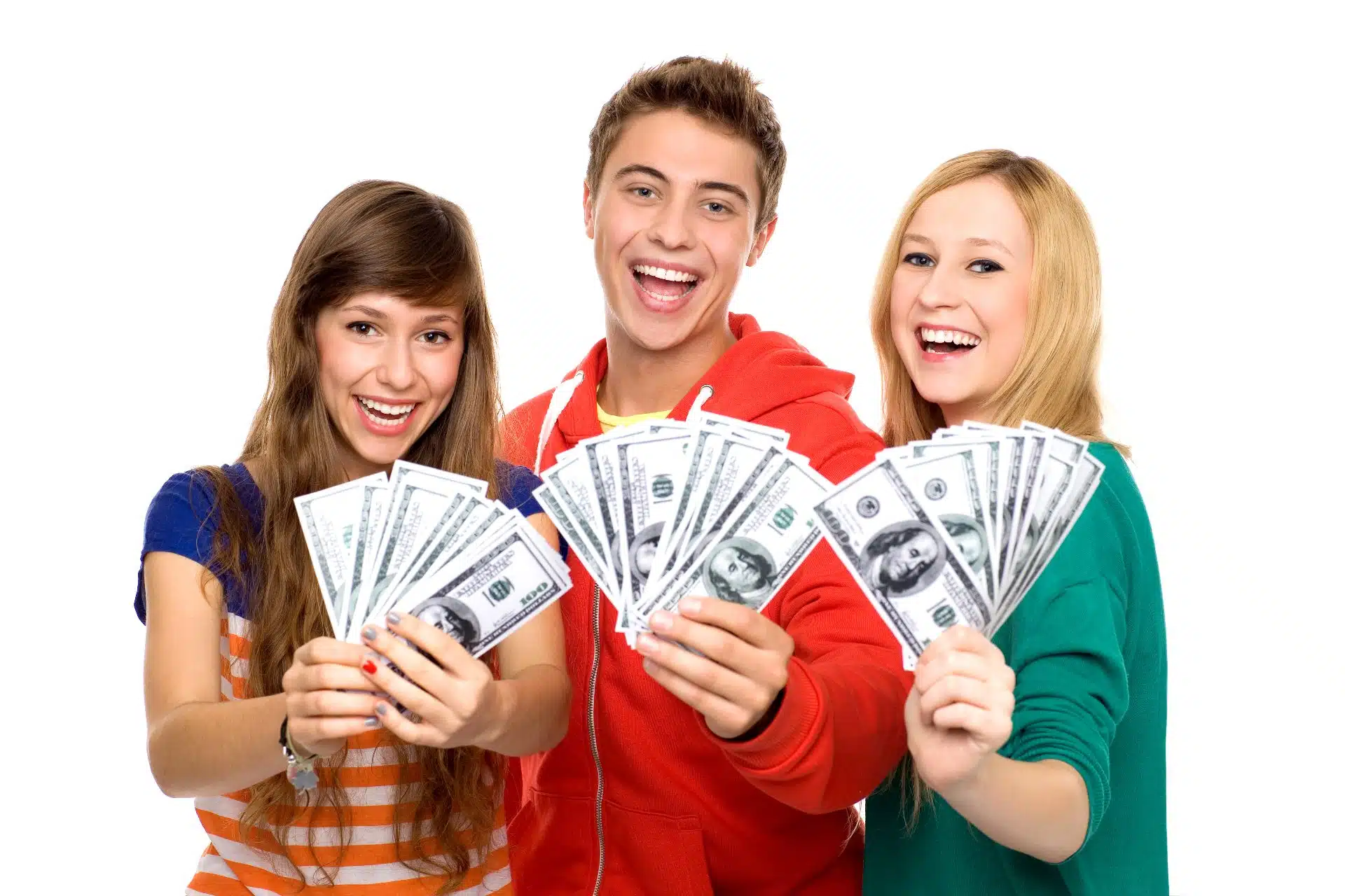 Two women and a man hold $100 bills - class action rebates
