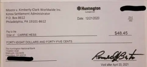 U by Kotex tampons settlement checks