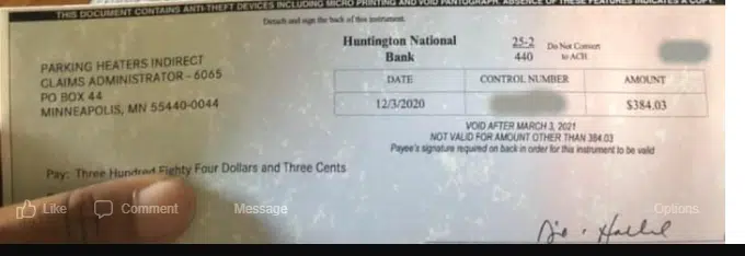 Parking Heater indirect purchaser checks in the mail