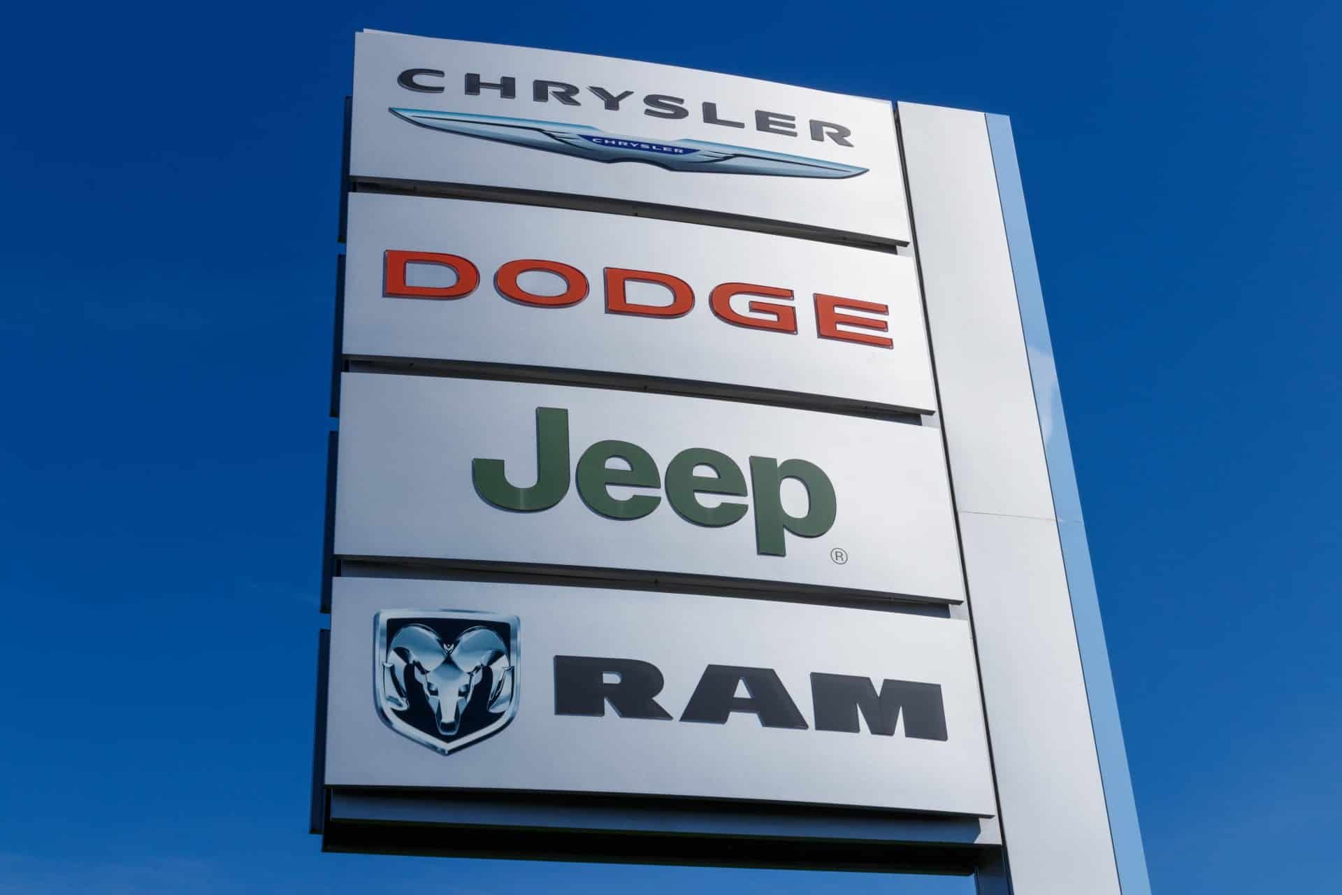 Chrysler Dodge Jeep Ram sign outside a dealership - automatic head restraints