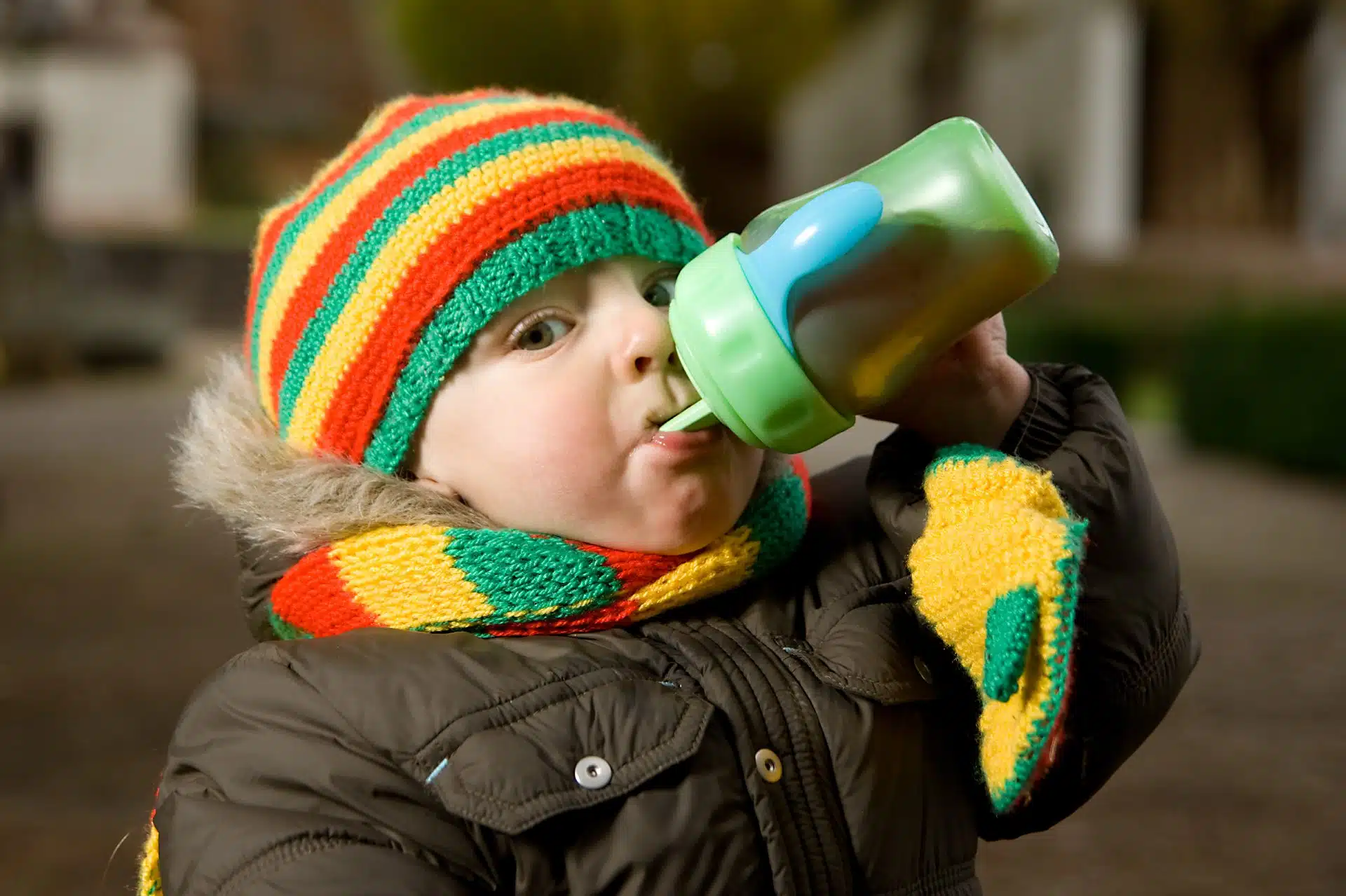 A toddler in a winter coat and colorful cap drinks from a sippy cup - Similac Go & Grow Toddler Drink