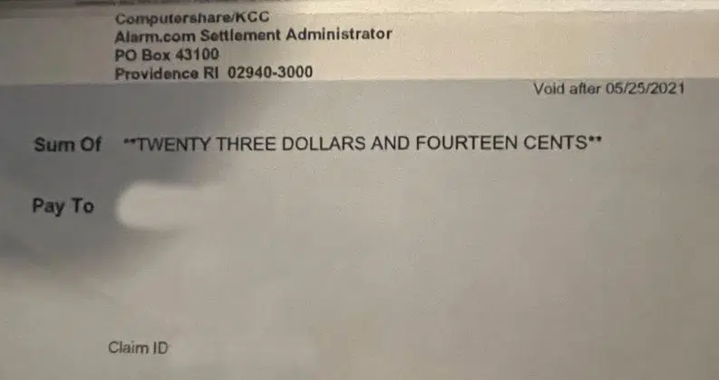 Alarm.com settlement checks