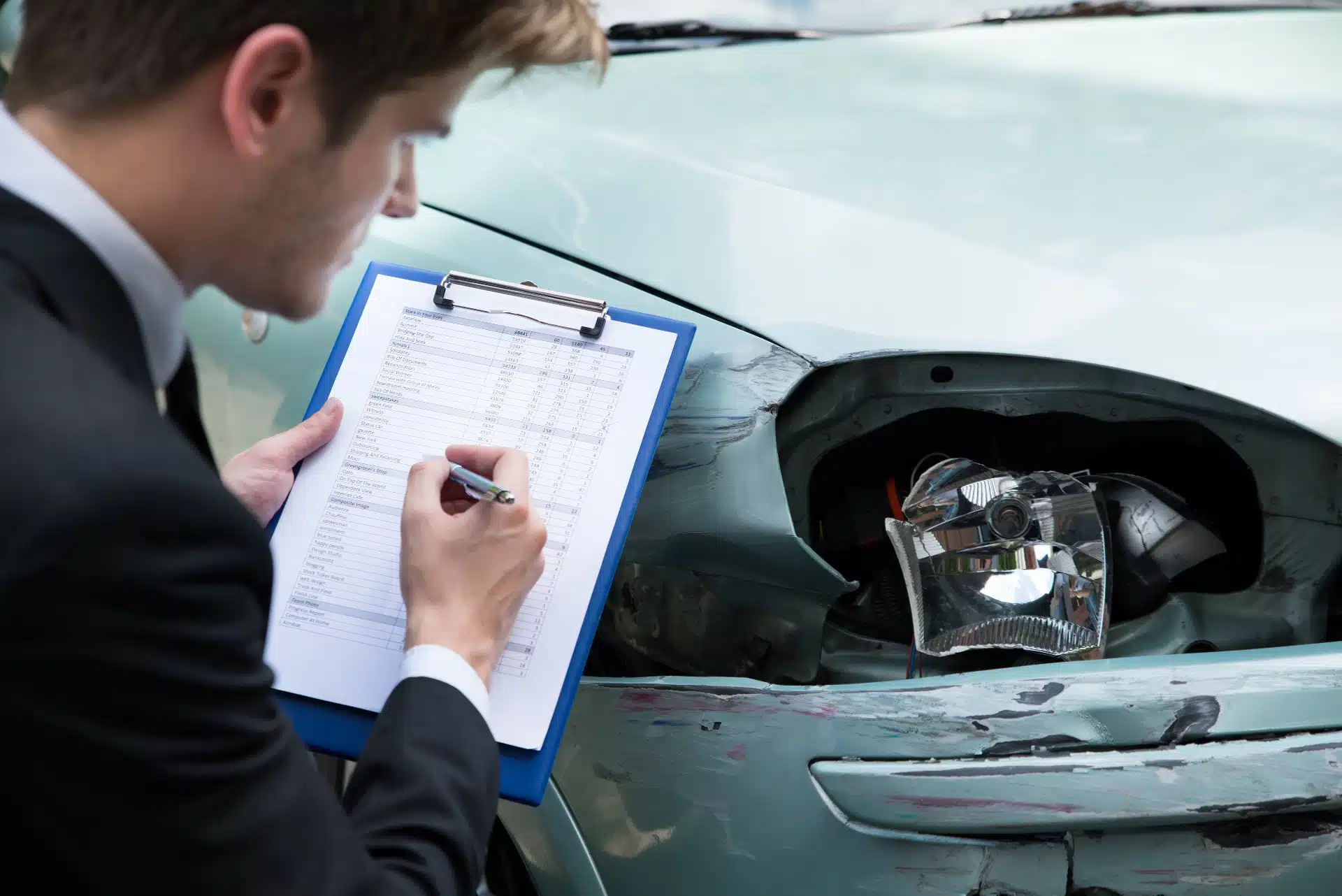 A male loss adjuster examines a broken headlight on a vehicle - diminished value