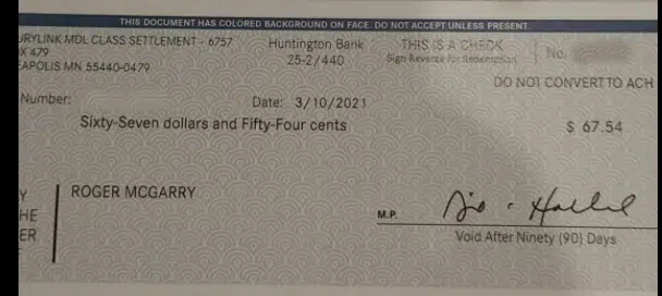 CenturyLink class action settlement check