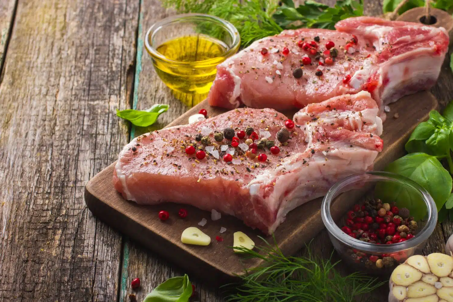 Dressed cuts of raw pork sit on a cutting board surrounded by other spices and oil - jbs usa