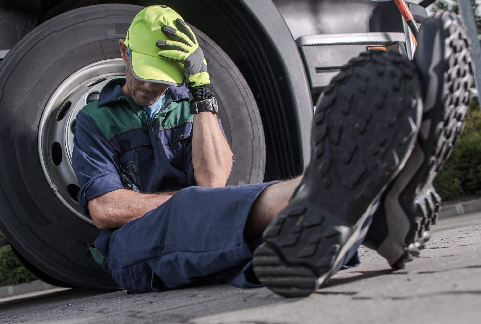 stressed truck driver on ground next to cab