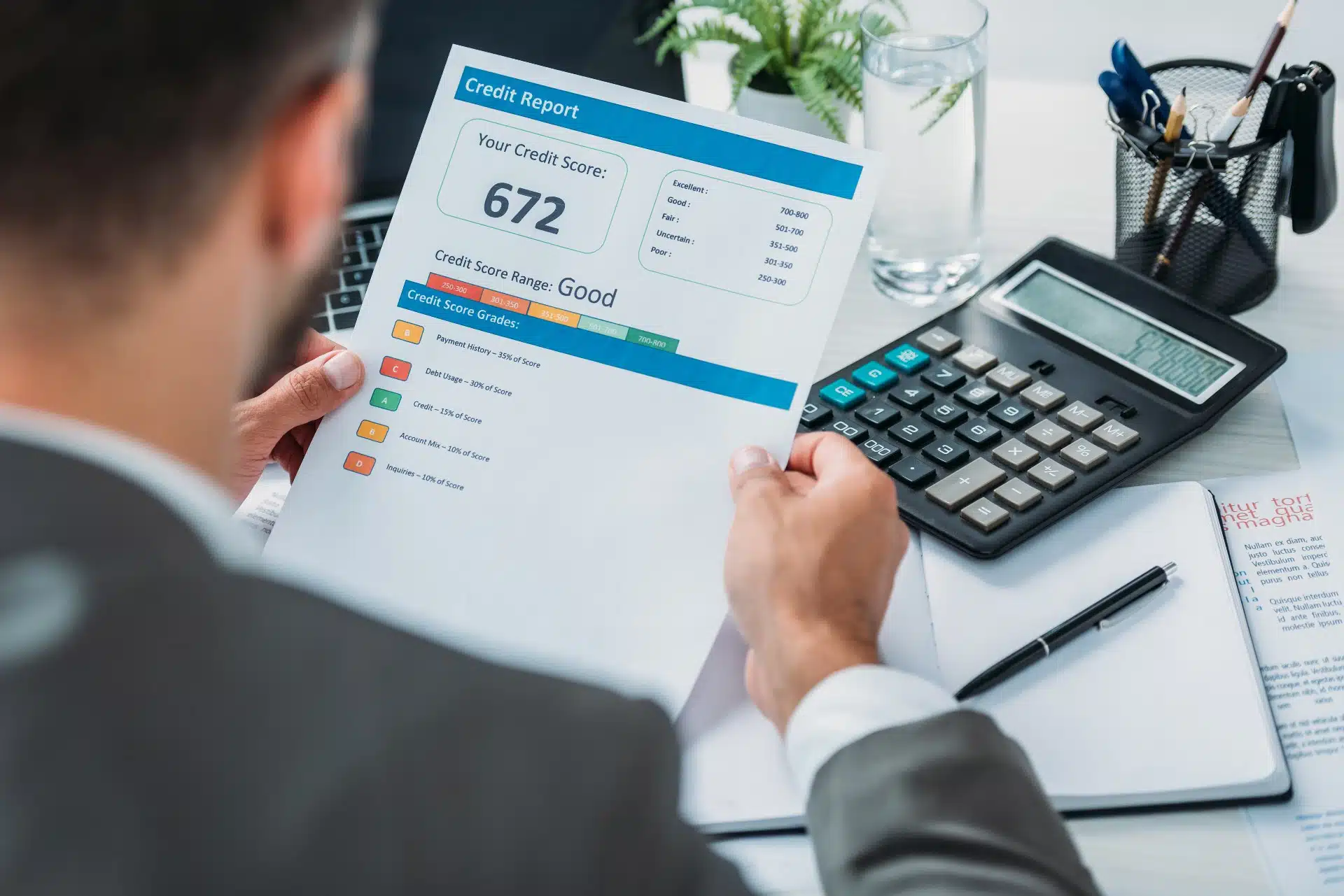 A man sitting at an office desk holds a credit report with a score of 672 - First Advantage background check