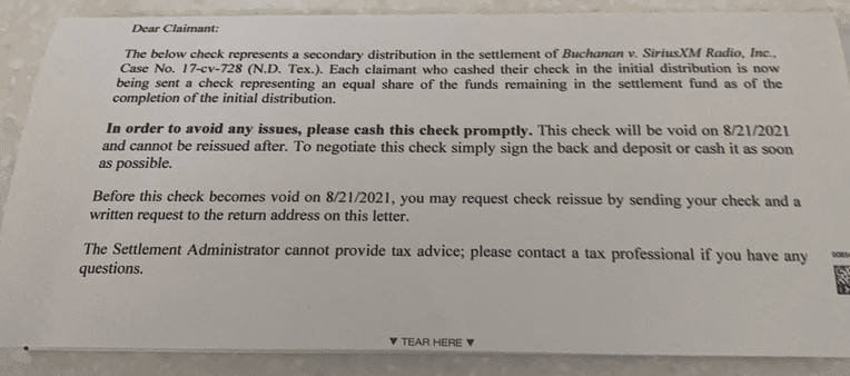 SiriusXM settlement checks in the mail