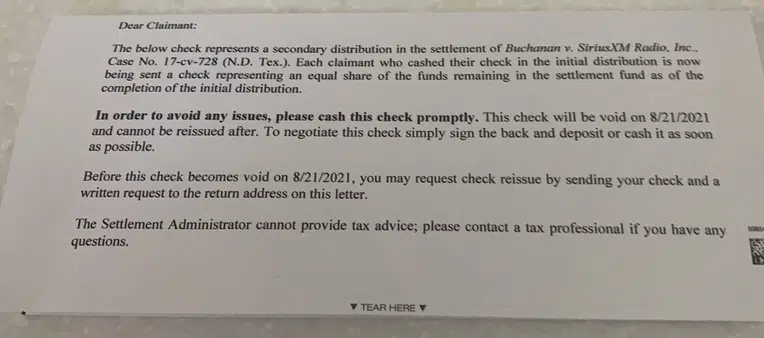 SiriusXM settlement checks in the mail