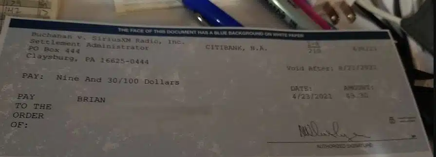 SiriusXM settlement checks in the mail