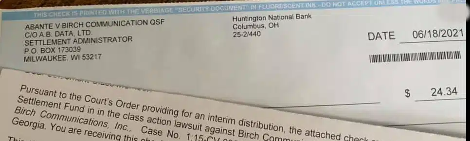 Birch TCPA settlement payouts - checks in the mail