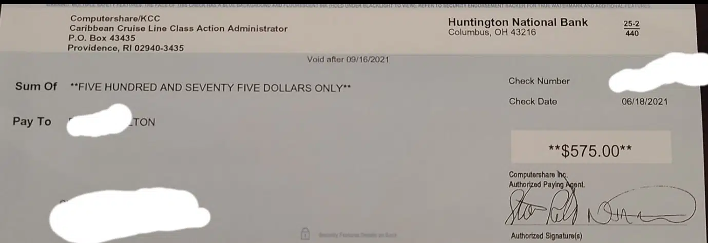 Caribbean Cruise Line settlement payouts - checks in the mail