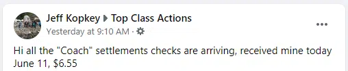 Coach Outlet settlement checks in the mail