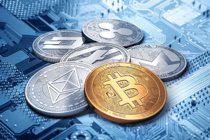 stack of cryptocurrencies: bitcoin, ethereum, litecoin, monero, dash, and ripple coin together, 3D rendering
