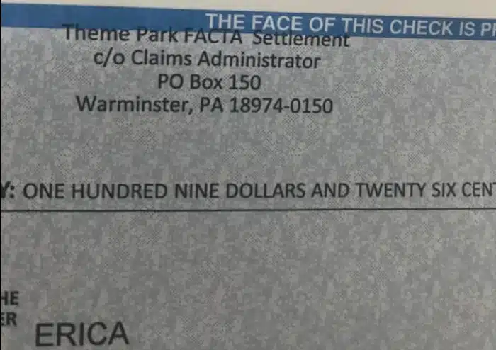 Six Flags FACTA FB checks in the mail