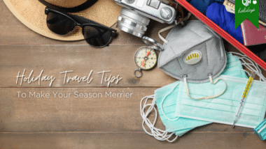 A holiday travel tips graphic with face masks, a hat, sunglasses, and a camera.