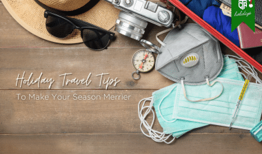 A holiday travel tips graphic with face masks, a hat, sunglasses, and a camera.
