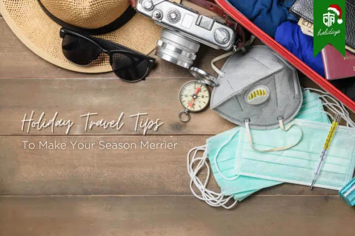 A holiday travel tips graphic with face masks, a hat, sunglasses, and a camera.