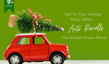 red toy car with toy Christmas tree on roof. Text on image "Get To Your Holiday Party Safely: Auto Recalls You Should Know About"