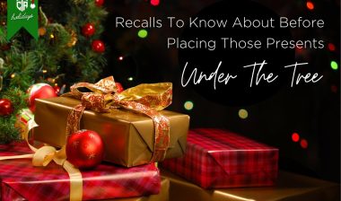 Christmas presents under Christmas tree. With print Title: "Recalls To Know About Before Placing Those Presents Under the Tree"