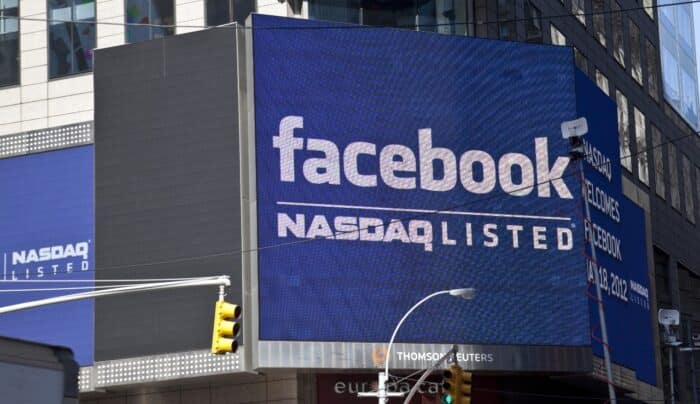 Sign announcing Facebook IPO is flashed on a screen outside the Thomson Reuters building.