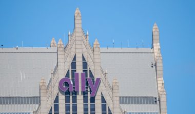 Ally, an American financial services company logo seen atop of their headquarters in downtown Detroit, Michigan.