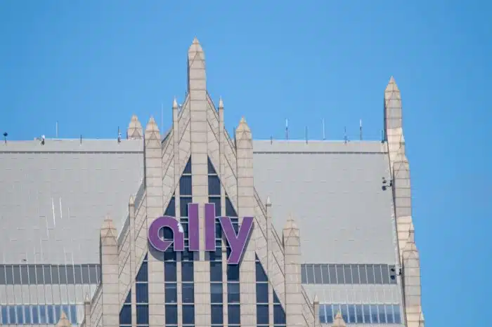 Ally, an American financial services company logo seen atop of their headquarters in downtown Detroit, Michigan.