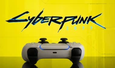 Playstation 5 controller with Cyberpunk 2077 logo on screen,