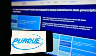 Person holding cellphone with logo of US pharmaceuticals company Purdue Pharma L.P. on screen in front of business website.