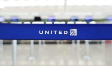 Check-in area for United Airlines at airport. United facing class action over vaccine mandate for COVID-19