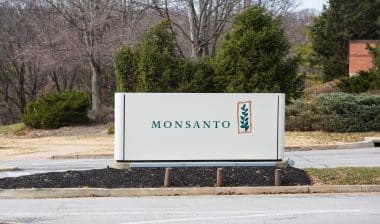 Monsanto sign at entrance to global research headquarters at Chesterfield campus, Roundup, cancer, lawsuit