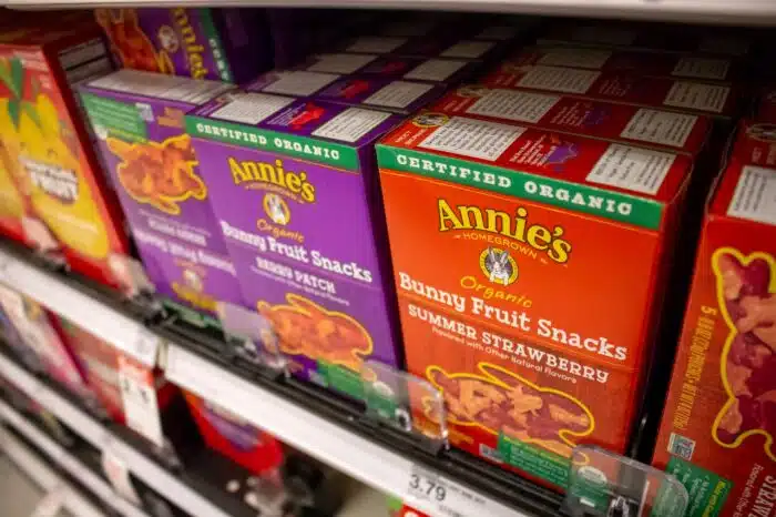A shelf of Annie's snack products at a grocery store