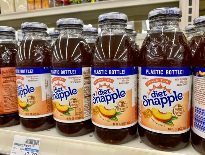 Plastic bottle diet Snapple Peach Tea drink on store shel