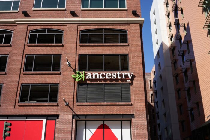 The Ancestry sign is seen at the San Francisco office of Ancestry.com