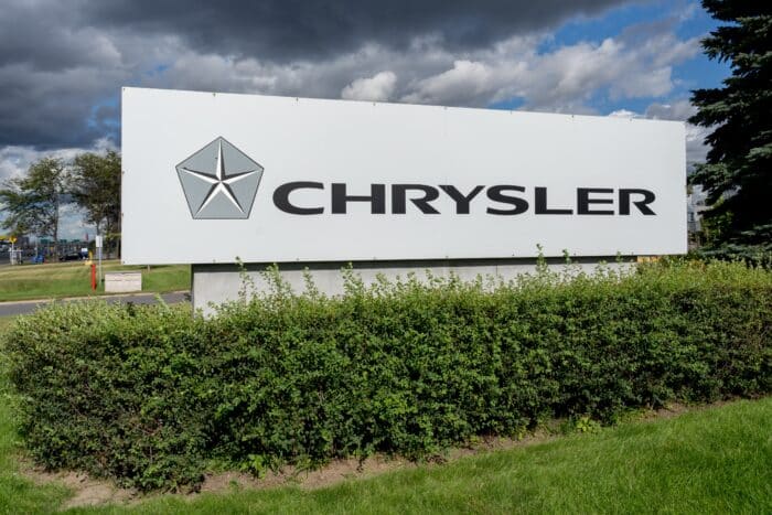 Close up of Chrysler sign at one of the car dealer