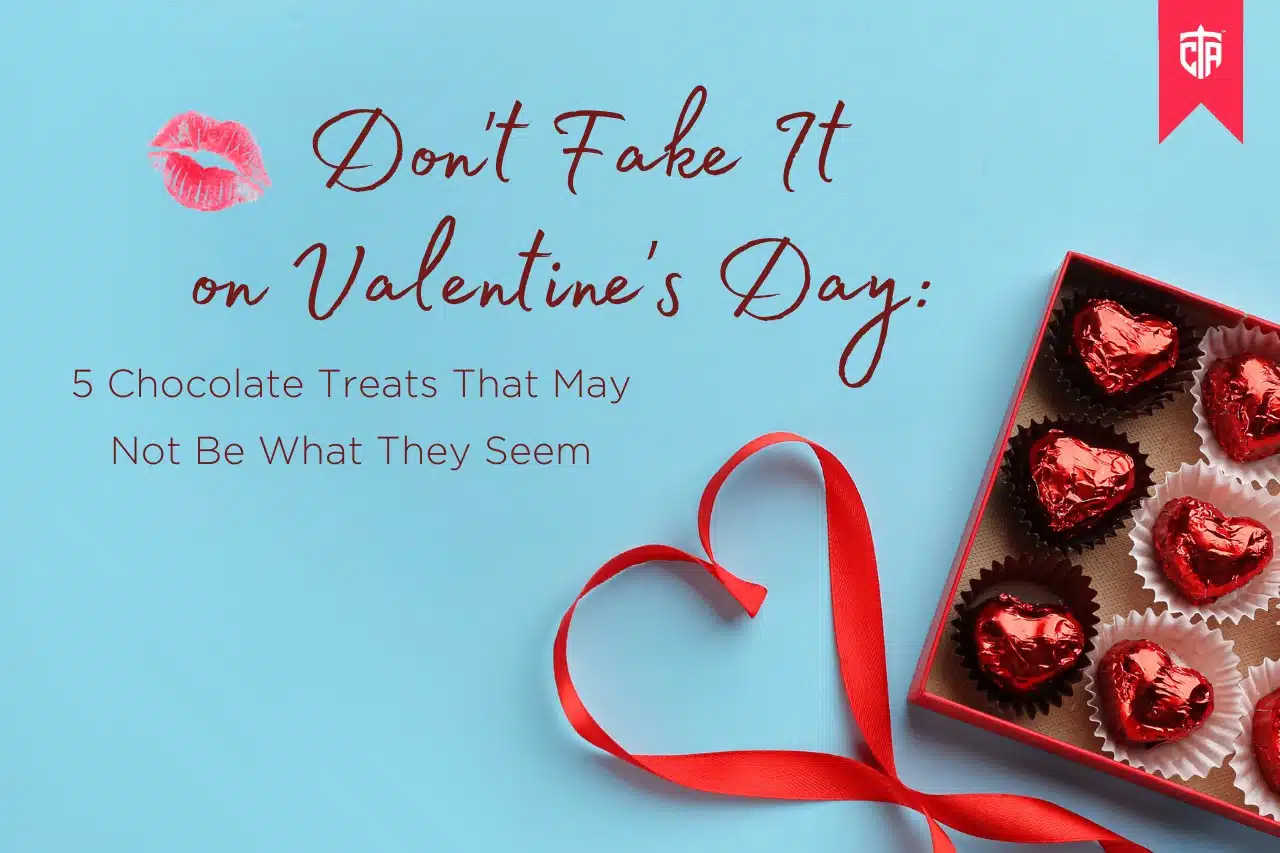"Don't Fake It on Valentine's Day: 5 Chocolate Treats That May Not Be What They Seem" Title Card with box of chocolates and lipstick lip print