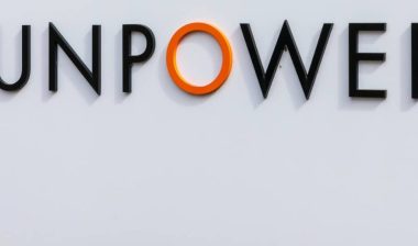 SunPower sign at solar energy company HQ. SunPower Corporation designs and manufactures crystalline silicon photovoltaic cells and solar panels - San Jose, California, USA - 2020