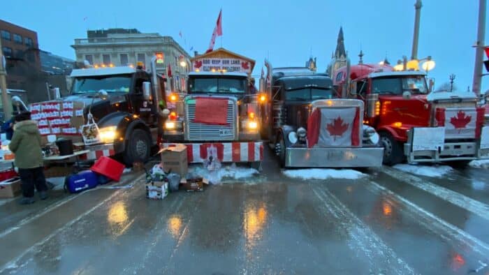 Freedom Convoy 2022 truck lineup and signage