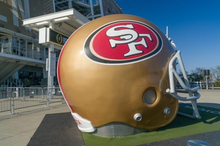 Full-size San Francisco 49ers helmet outside of Levi's Stadium.