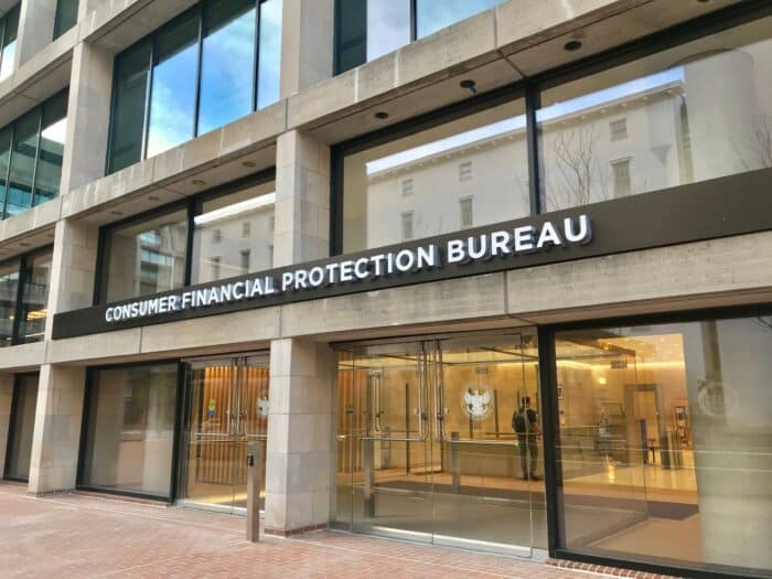 CFPB - CONSUMER FINANCIAL PROTECTION BUREAU sign at headquarters building