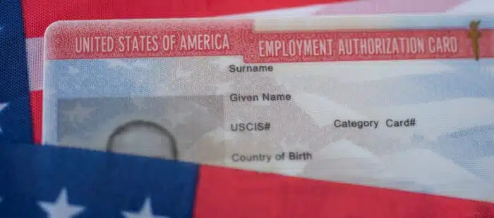 Employment Authorization card on USA Flag surface.