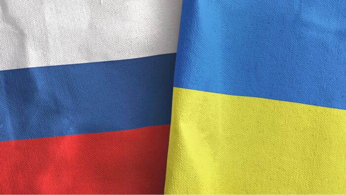 Ukraine and Russia two folded flags together 3D rendering