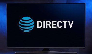 Flat-screen TV set displaying logo of DirecTV