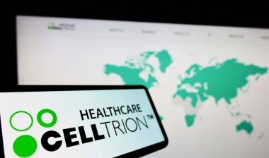 Cellphone with logo of biopharmaceutical company Celltrion Inc.