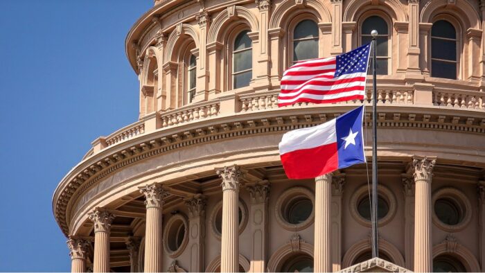 Item ID: 494317324 American and Texas state flags flying on the dome of the Texas State Capitol building in Austin